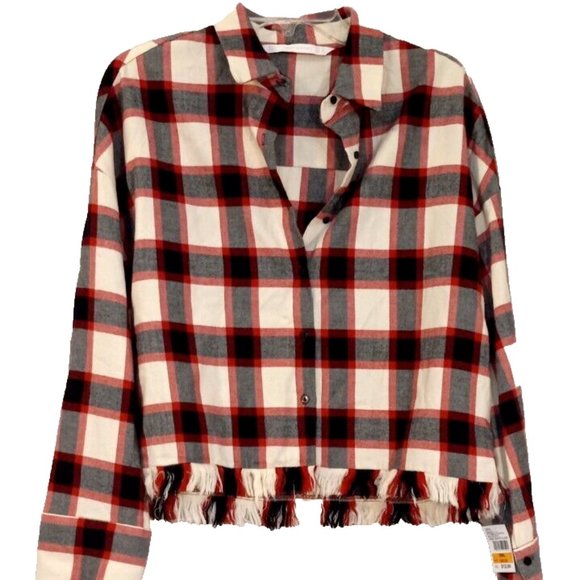 Plaid Flannel Shirt Button up fringe Sz S Long Sleeve Zara Trafaluc Collection - Picture 1 of 10